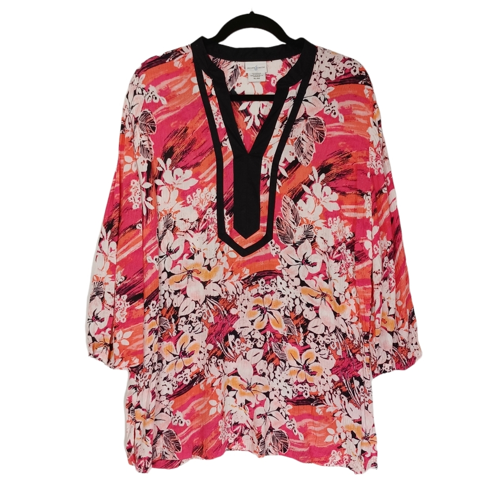 JACLYN SMITH Pink White Black Neckline Floral Brush Print Top X-Large